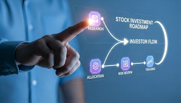A person interacting with a stock investment roadmap interface on a digital screen