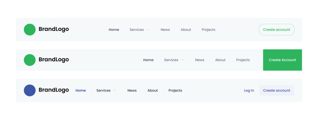 Website Navigation Bar Designs with Brand Logo and CTA Keywords: website, navigation bar, UI