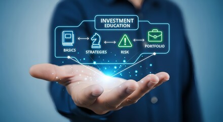 Man presenting investment education concept with basics strategies risk and portfolio