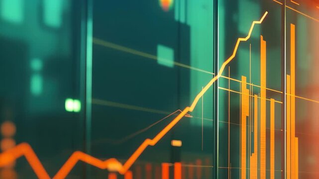 A digital display in a contemporary office shows rising financial graphs illuminated by the warm glow of sunrise, suggesting growth and positive market movements. - Powered by Adobe