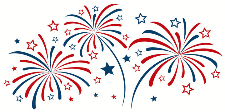 Fourth of July celebration frame with patriotic fireworks, red-white-blue confetti, stylish USA pattern background on white.