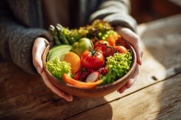 Close-up shot of person holding a bowl full of fresh and colorful salad on wooden surface, creating a vibrant and healthy food presentation for viewers