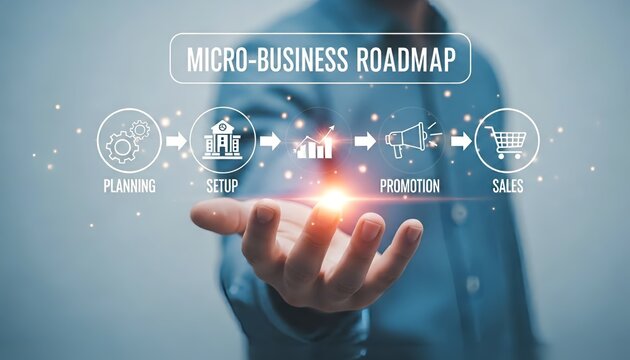 Micro business roadmap displayed above a hand with planning setup promotion and sales - Powered by Adobe
