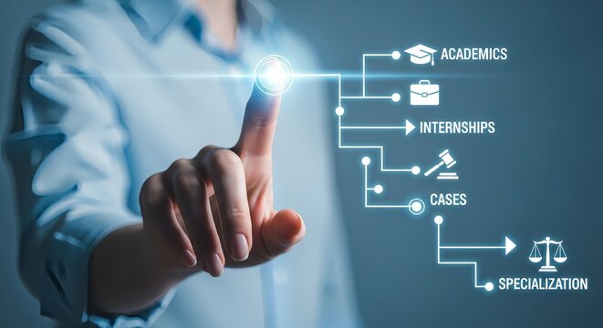 Person touching glowing icons representing academics internships cases and specialization