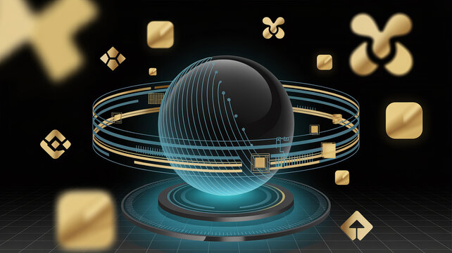 Sleek tech sphere with golden accents evokes innovation, perfect for financial technology, cryptocurrency, futuristic design, and cutting edge branding