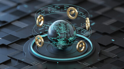 Global technology sphere with golden accents shining in a digital space, modern data visualization for global connections and innovative technological solutions
