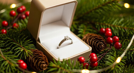 Ring box among decorated fir branches, Christmas proposal setting with pine cones and festive decor