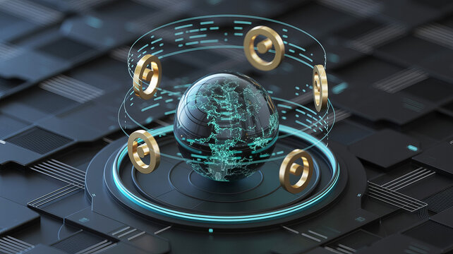 Global technology sphere with golden accents shining in a digital space, modern data visualization for global connections and innovative technological solutions