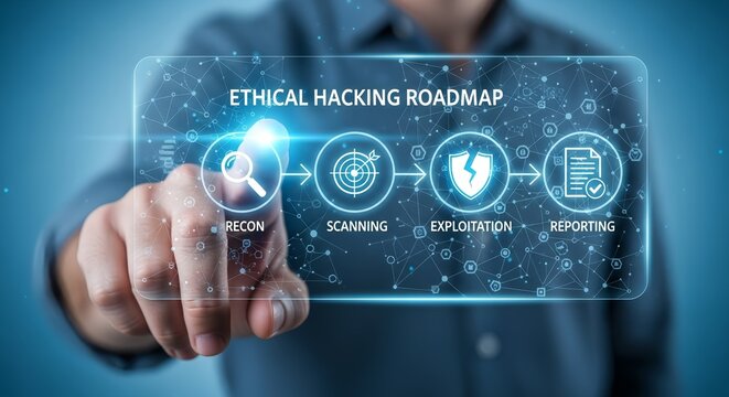 A person touching a digital screen displaying an ethical hacking roadmap diagram steps
