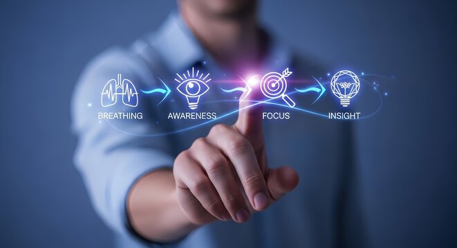 A person interacting with a digital interface showing breathing awareness focus insight - Powered by Adobe