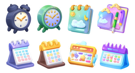 Colorful Collection of Cartoon Clocks and Calendars for Illustration or Design