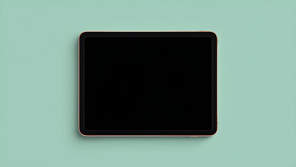 Top view of a modern digital tablet with a blank black screen, presented as a mockup on a minimalist mint green background with copy space, Generative AI