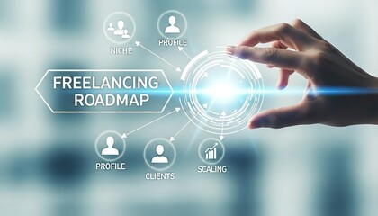 A hand interacting with a digital interface showing freelancing roadmap elements icons