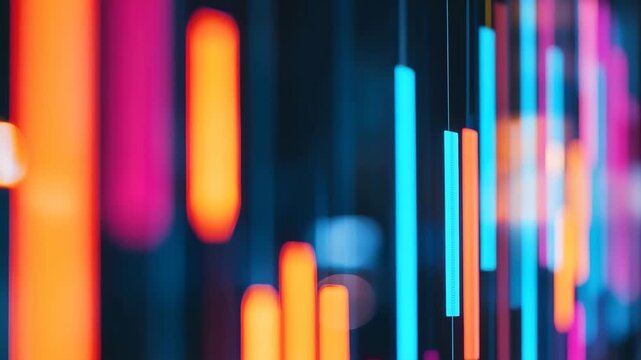 Bright neon lights pulse in various colors, illuminating a dark urban setting at night, adding an energetic vibe to the surrounding cityscape.