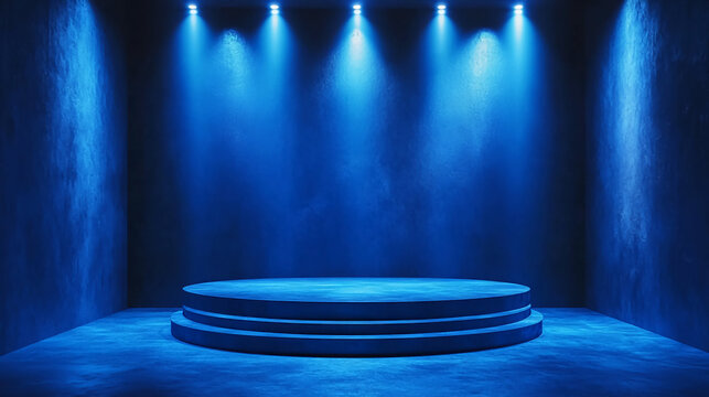 Captivating blue spotlighted stage with circular podium ready for awards presentations product launches and dramatic performances creating an exciting atmosphere for recognition and celebration