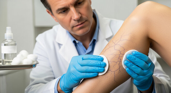 Phlebologist cleaning skin before injection on lower leg with visible veins, vascular health and treatment in clinical setting