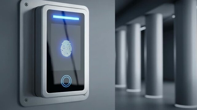 High-tech biometric security system displays fingerprint recognition, user interacts with touch sensor, showcasing advanced cyber security technology in action, camera follows motion	