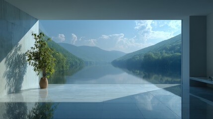 Scenic view of lake and mountains from a modern interior with a plant creating a serene and peaceful atmosphere