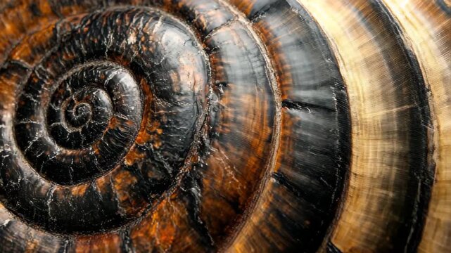 A close-up view reveals the detailed spiral pattern of a snail shell, highlighting its rich brown and black textures. The unique formation offers a stunning glimpse of natural design.
