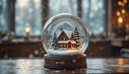 Cozy winter scene featuring a snow globe with a charming house and pine trees on a wooden surface
