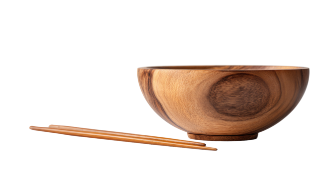 Wooden bowl with chopstick placed neatly showcasing natural dining style, simple kitchen aesthetics and minimal rustic tableware isolated on white background