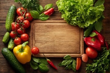 A rustic wooden cutting board surrounded by fresh vegetables, perfect for adding text, creating a healthy and delicious meal with colorful ingredients.
