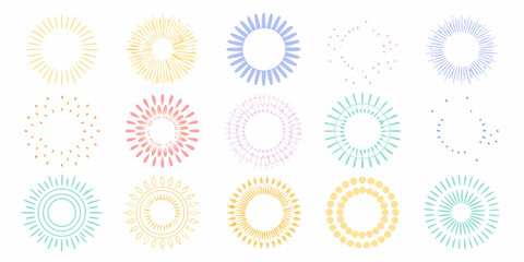 Collection of hand drawn sunbursts and starbursts in pastel colors on white background