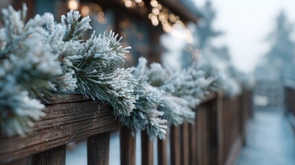frosted Christmas garland hanging from railing,