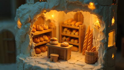 Charming diorama of a rustic artisan bread shop, a whimsical miniature world with a warm, inviting glow and freshly baked goods on display, Generative AI