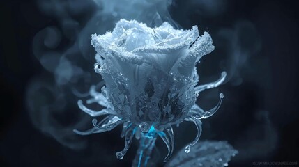 A mesmerizing frost-forged rose shimmers with crystalline petals and misty cold light. Delicate ice shards cling to its edges, glowing softly with an ethereal blue aura. Ideal for fantasy art, winter 