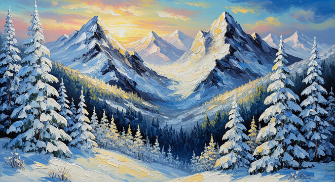 3D Wallpaper Abstract Luxurious Snow-Capped Mountains painted in Oil Painting for cover, mural wall art, invitation, poster, canvas print, wall decor painting design