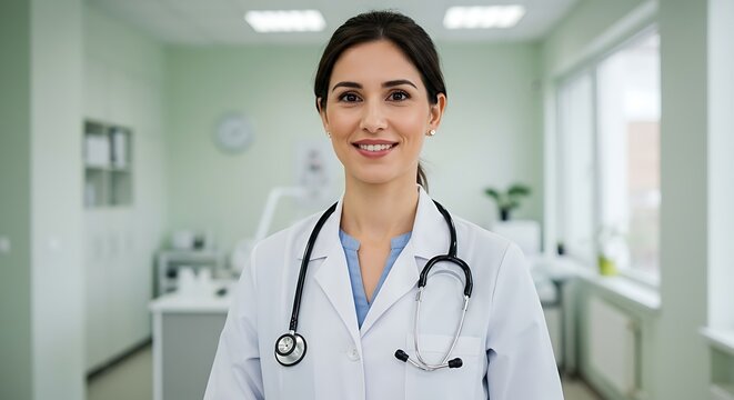 Portrait of a smiling female doctor with a stethoscope standing in a modern medical clinic office.