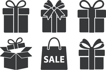 Gift Box Icons Set – Presents, Sale Bag, Ribbon Bow Vector Collection