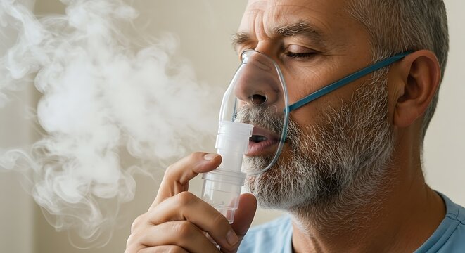 An older man with a gray beard receiving respiratory therapy with a nebulizer mask.