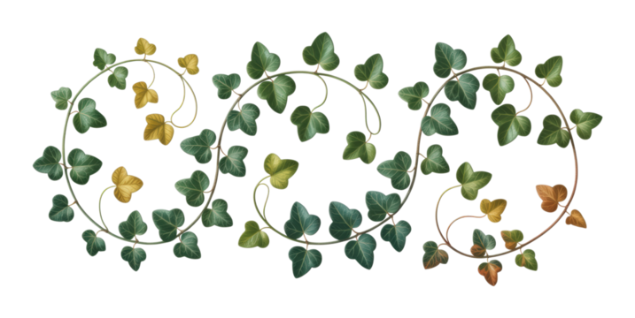 Intricate Twisting Ivy Vine with Lush Green, Yellow, and Brown Leaves in Elegant Swirling S-Shape Design, Isolated on Transparent and White Background