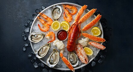 Luxury Seafood Platter with Lobster, Oysters, and Crab on Ice on Dark Background