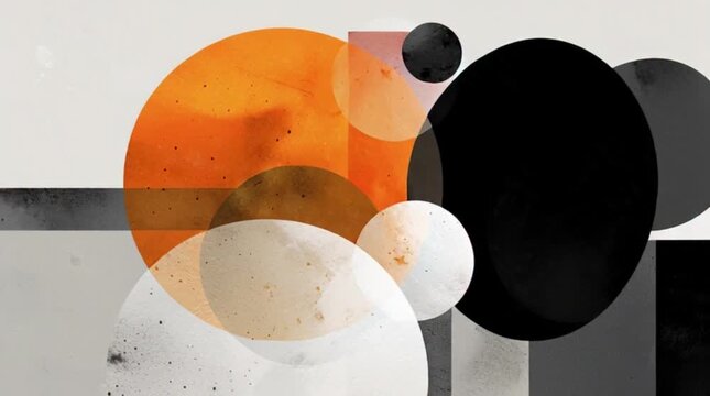 A geometric abstract art piece featuring overlapping circles and shapes in a mix of orange, black, white, and gray hues suitable for modern design applications on a neutral background.