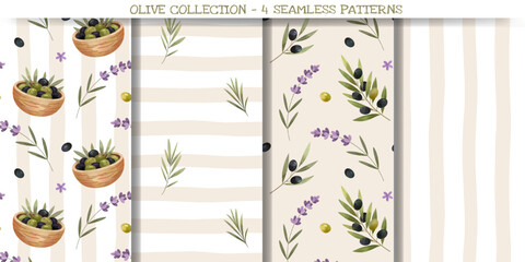 Mediterranean food seamless patterns. Watercolor backgrounds with olive branches, herbs, lavender. Beige color