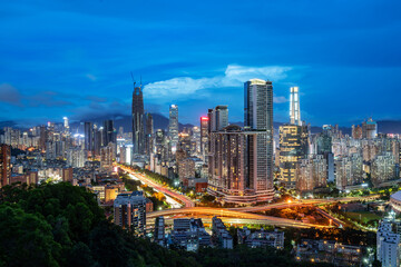 Aerial view of the big city at night, Shenzhen, China.