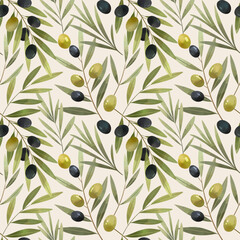 Watercolor seamless pattern with olive branches on beige background. Hand drawn botanical background