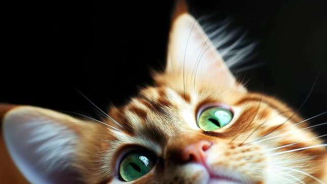 An orange cat relaxes on a soft surface, looking up with bright green eyes. The warm light highlights its fluffy fur, creating a serene and tranquil atmosphere in the evening.