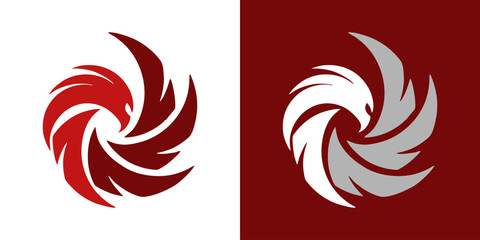 Fototapeta premium Phoenix bird logo design with rotating wings, perfect for branding and corporate identity that soars high above the competition in shades of red and silver