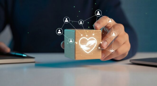 Business trust network concept showing glowing social links on block