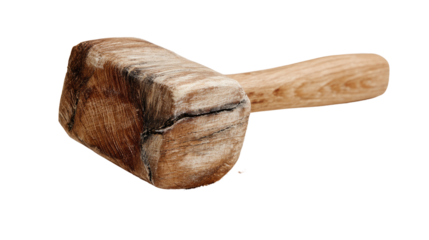 Wooden carpenter’s mallet resting on clean surface showing traditional woodworking tool design, solid craftsmanship and natural timber texture isolated on white background
