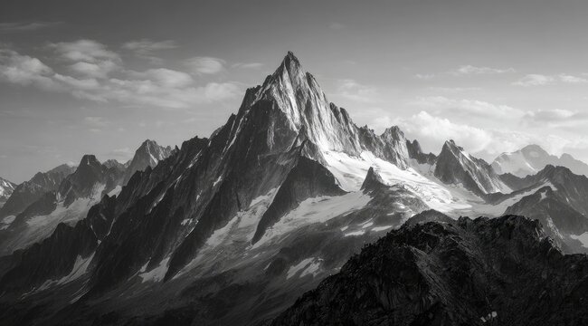 Black and white mountain peak, dramatic clouds