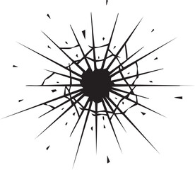 Obraz premium 瞬間的な衝突：ガラスの破壊と破片が飛び散るリアルなモノクロ弾痕エフェクト