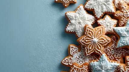 Christmas gingerbread star cookies with icing decoration on blue background with copy space
