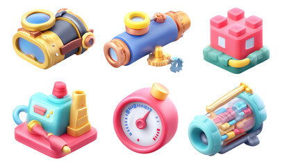 Retro 3D Illustrations of Inventive Tools and Industrial Equipment Isolated on Background