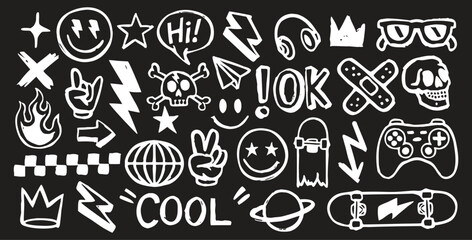 Hand-drawn doodle icon set on a black background with playful white sketches. Includes symbols like stars, smiley faces, lightning bolts, gaming icons, and skateboarding elements. A fun graffiti-style