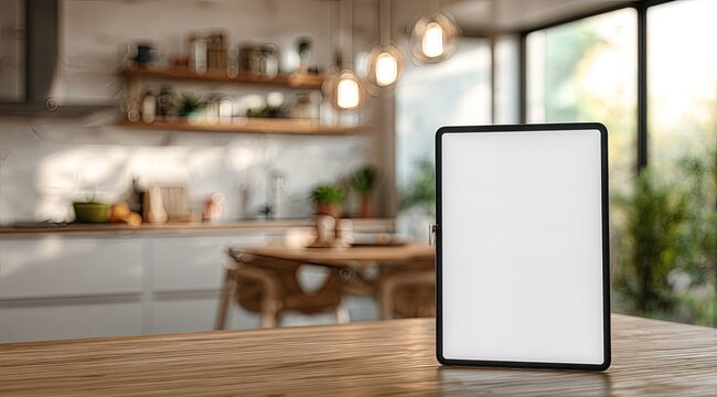 Blank tablet on a kitchen counter, blurred background